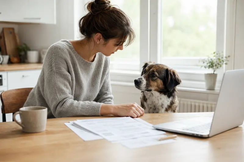 Ein Dänisch-Schwedischer Hofhund sitzt neben seinem Besitzer am Küchentisch, während Versicherungsunterlagen und ein Laptop auf dem Tisch liegen.