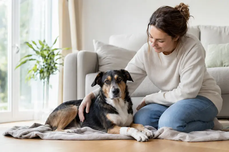 Ein Dänisch-Schwedischer Hofhund mit leichtem Verband an der Pfote liegt entspannt neben seinem Besitzer in einer hellen, fürsorglichen Wohnung.