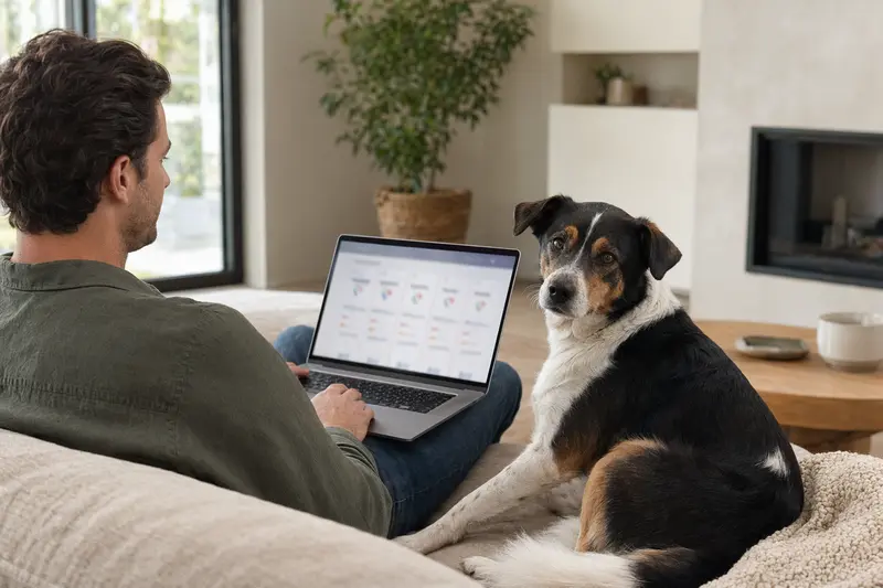 Ein Hund und sein Besitzer am Laptop auf dem Sofa, während sie einen Versicherungsvergleich für Haustiere durchführen.