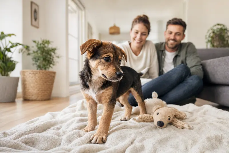 Ein neugieriger Dänisch-Schwedischer Hofhund Welpe erkundet sein neues Zuhause mit einer weichen Decke und Spielzeug.