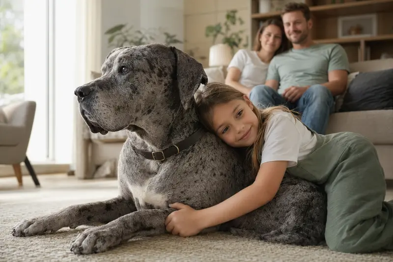 Eine entspannte Dänische Dogge liegt neben einem Kind in einem gemütlichen Wohnzimmer.