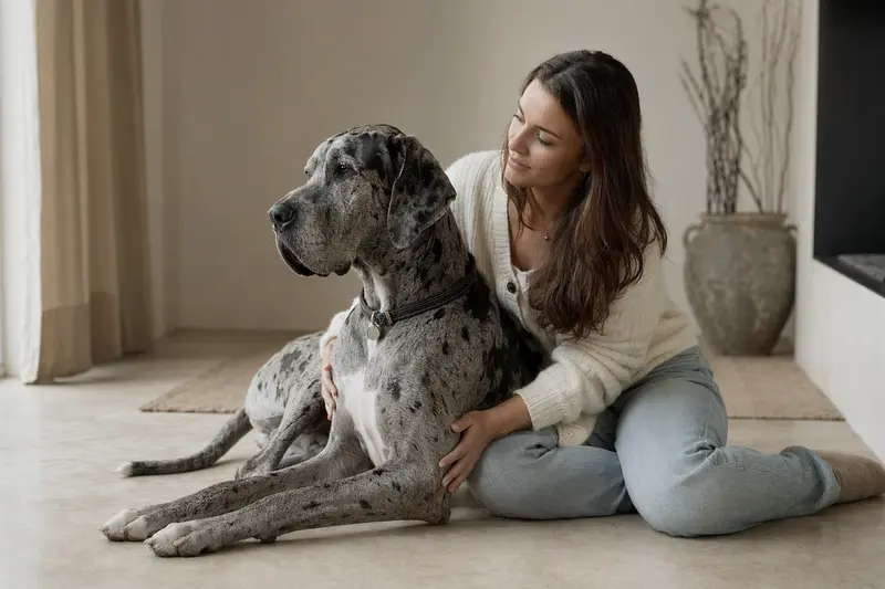 Eine Dänische Dogge steht aufmerksam vor hellem Hintergrund und zeigt in einem realistischen Hundeporträt ihre typische Körperform und Fellstruktur.