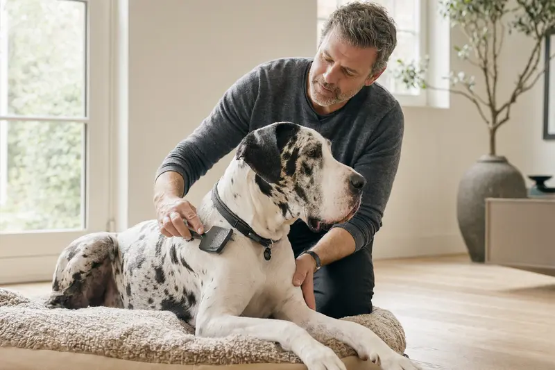 Eine Dänische Dogge wird in einer hellen Wohnung sanft von ihrem Besitzer gebürstet, was Fellpflege, Gesundheit und verantwortungsvolle Hundehaltung zeigt.