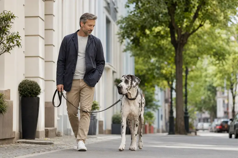 Eine Dänische Dogge läuft an der Leine mit ihrem Besitzer durch eine freundliche moderne Stadtstraße.