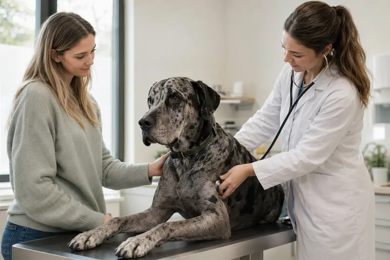 Eine Dänische Dogge wird freundlich von einer Tierärztin mit einem Stethoskop untersucht.