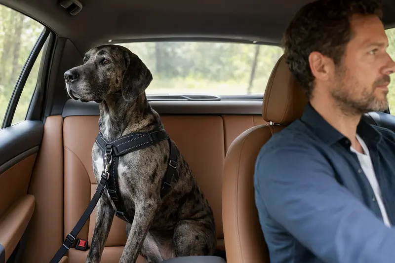 Eine Dänische Dogge sicher angeschnallt auf der Rückbank eines Autos, während der Besitzer fährt.