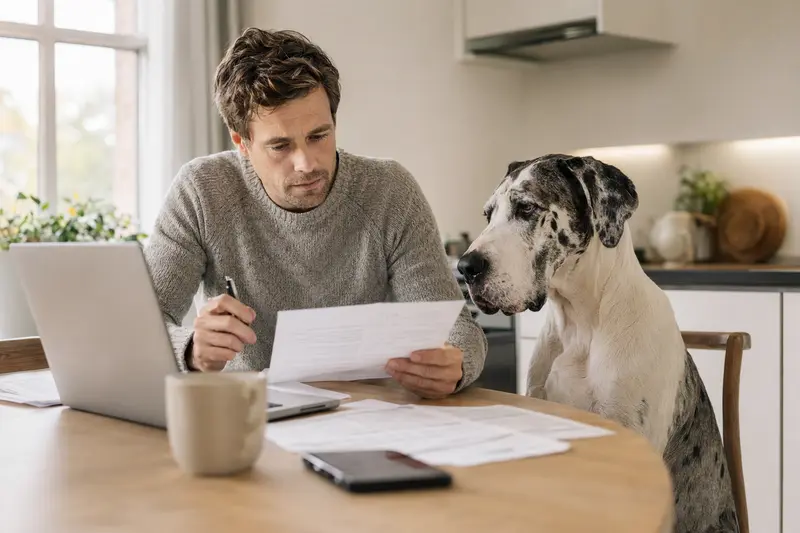 Eine Dänische Dogge sitzt gelassen neben ihrem Besitzer am Küchentisch, während Versicherungsunterlagen und ein Laptop mit Vergleichsseiten sichtbar sind.