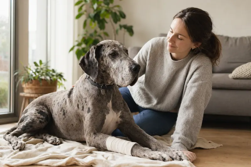 Eine Dänische Dogge mit leichtem Verband liegt entspannt auf einer Decke, während ihr Besitzer neben ihr sitzt und erleichtert aussieht.