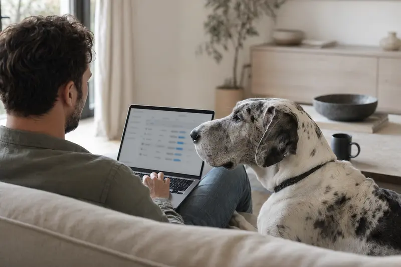 Ein Hundehalter sitzt entspannt auf dem Sofa mit seinem Dänischen Hund und einem Laptop, auf dem eine neutrale Versicherungsvergleichsseite zu sehen ist.