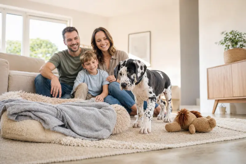 Ein neugieriger Dänische Dogge Welpe entdeckt liebevoll sein neues Zuhause und die weiche Decke.