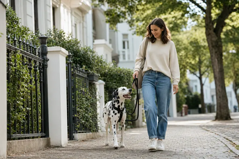 Ein Dalmatiner läuft an der Leine mit seinem Besitzer durch eine saubere moderne Stadtstraße und vermittelt eine entspannte Alltagssituation mit Hund.