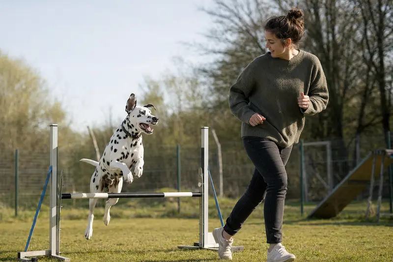 Ein Dalmatiner springt mit seinem Besitzer über eine kleine Trainingshürde auf dem Hundeplatz.