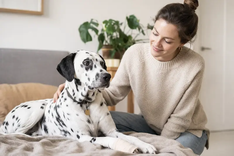 Ein Dalmatiner mit einem Verband an der Pfote liegt entspannt auf einer Decke neben seinem Besitzer, der erleichtert aussieht.