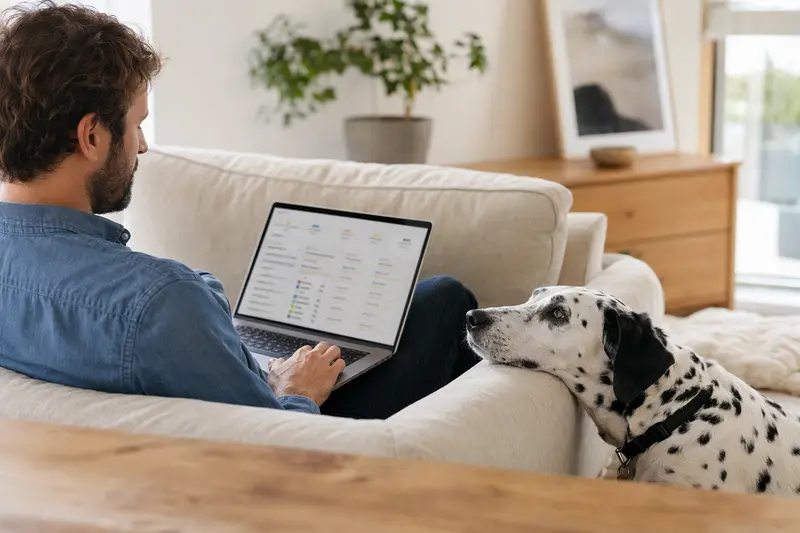 Ein Dalmatiner sitzt neben seinem Besitzer, der auf dem Laptop sitzt und Informationen zu Tierversicherungen vergleicht.