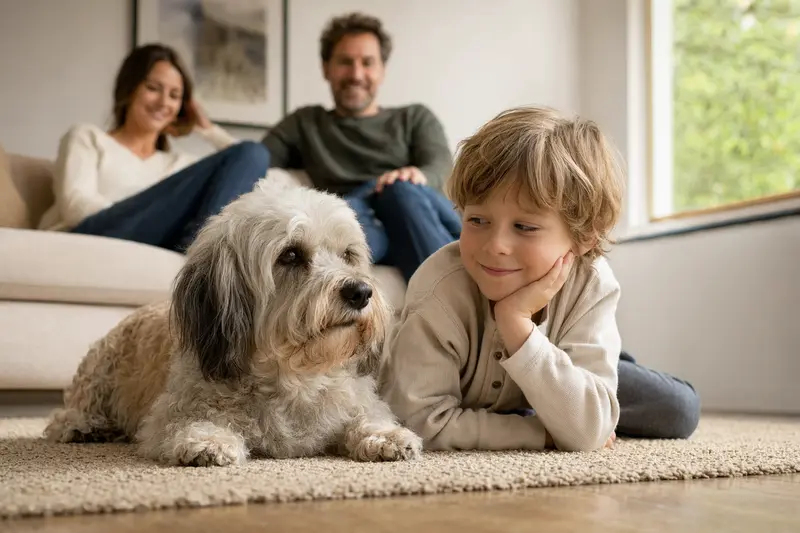 Ein Dandie Dinmont Terrier liegt entspannt neben einem Kind im Wohnzimmer.