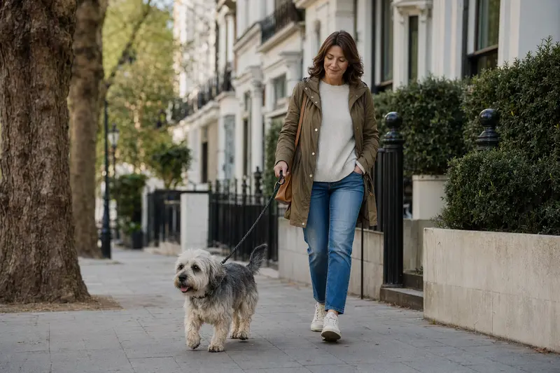 Ein Dandie Dinmont Terrier läuft an der Leine mit seinem Besitzer durch eine freundliche moderne Stadtstraße.