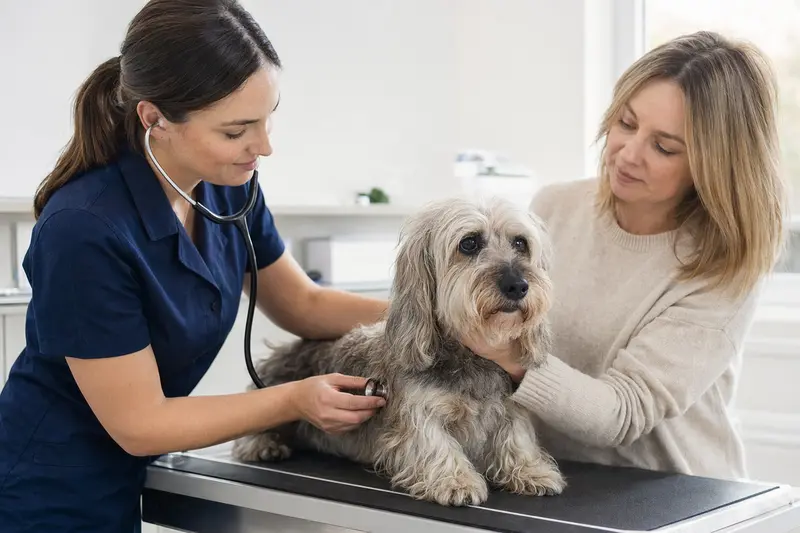 Ein Dandie Dinmont Terrier wird von einer Tierärztin in einer modernen Praxis untersucht.