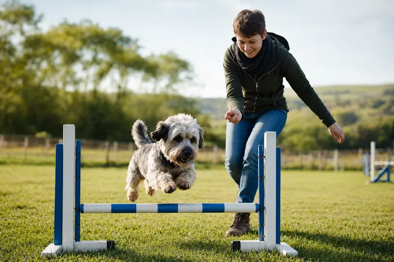 Ein aktiver Dandie Dinmont Terrier trainiert mit seinem Besitzer auf einem Hundeplatz an einer kleinen Trainingshürde.