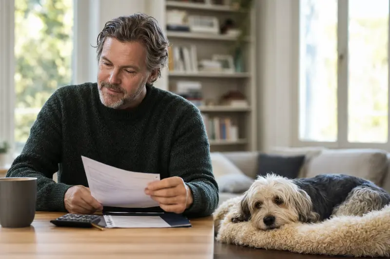 Ein Hundebesitzer sitzt mit einer Tierarztrechnung am Tisch, während ein entspannter Dandie Dinmont Terrier auf einer Decke liegt.