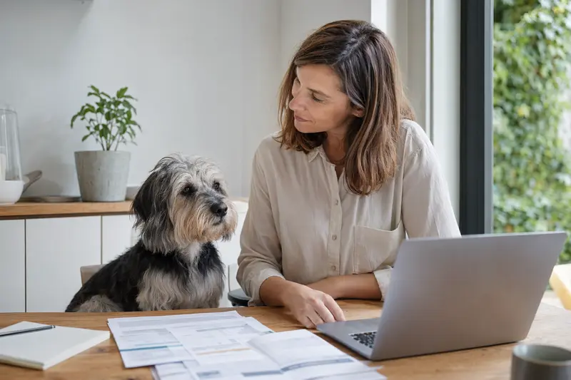 Ein Dandie Dinmont Terrier sitzt entspannt neben seinem Besitzer am Küchentisch, auf dem Versicherungsunterlagen und ein Laptop mit Vergleichsseite liegen.