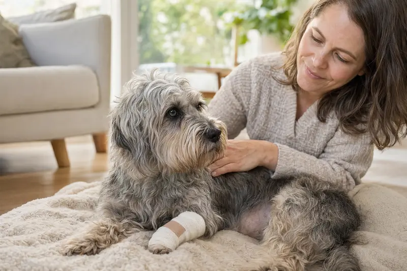 Ein Dandie Dinmont Terrier mit einem leichten Verband an der Pfote liegt entspannt auf einer Decke, während sein erleichterter Besitzer an seiner Seite sitzt.