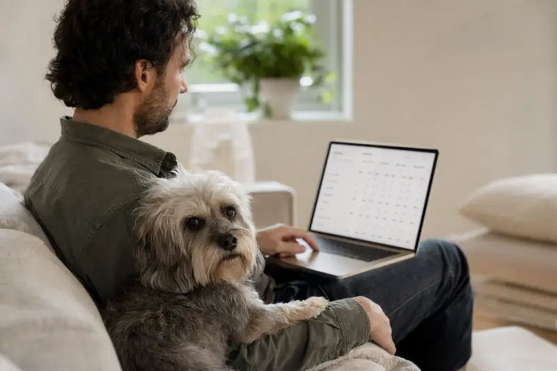 Ein Hund, ein Dandie Dinmont Terrier, sitzt neben seinem Besitzer auf dem Sofa, während dieser an einem Laptop arbeitet und eine Versicherungsvergleichsseite betrachtet.