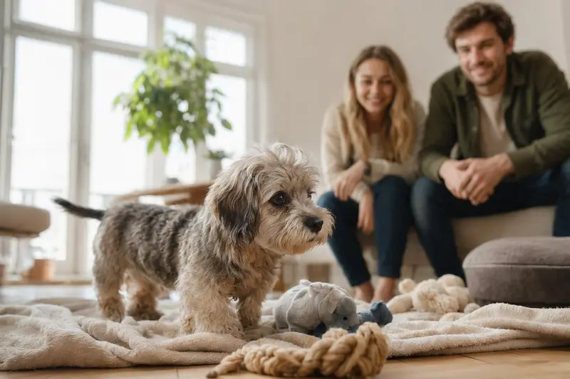 Ein neugieriger Dandie Dinmont Terrier Welpe entdeckt sein neues Zuhause mit einer weichen Decke und Spielzeug, während eine liebevolle Familie im Hintergrund zu sehen ist.