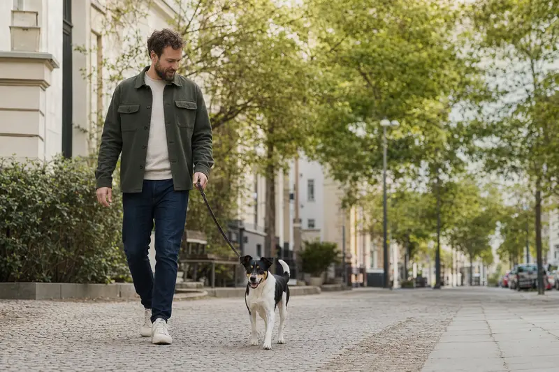 Ein Dansk-Svensk Gardshund läuft an der Leine mit seinem Besitzer durch eine moderne Stadtstraße.