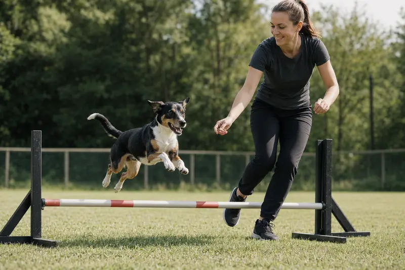 Ein Dansk-Svensk Gardshund springt mit seinem Besitzer über eine kleine Trainingshürde auf dem Hundeplatz.