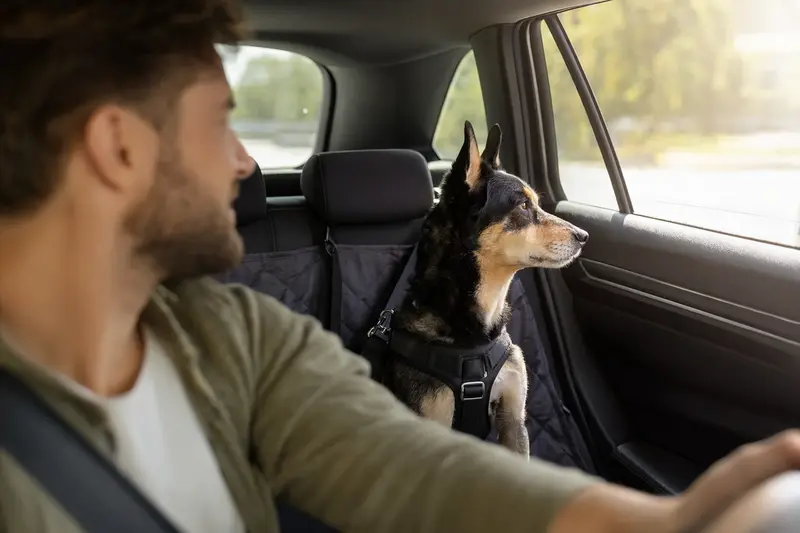Ein Dansk-Svensk Gardshund sitzt sicher angeschnallt auf der Rückbank eines Autos.