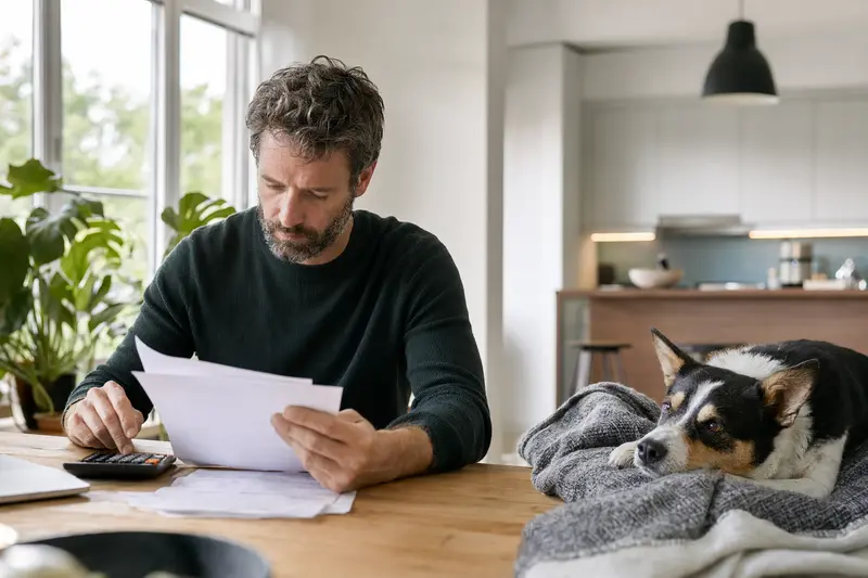 Ein Hundebesitzer sitzt mit einer Tierarztrechnung am Tisch, während sein entspannter Dansk-Svensk Gardshund auf einer Decke daneben liegt.