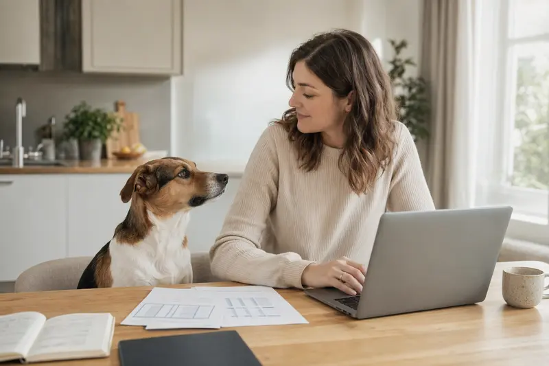Ein Dansk-Svensk Gardshund sitzt neben seinem Besitzer am Küchentisch, auf dem Versicherungsunterlagen und ein Laptop liegen.