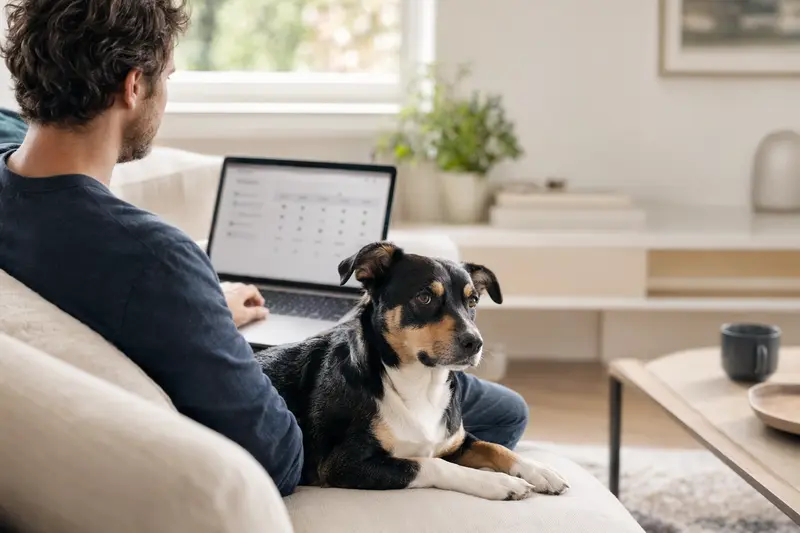 Ein Hundebesitzer sitzt mit einem Dansk-Svensk Gardshund auf dem Sofa und vergleicht tiermedizinische Versicherungen auf seinem Laptop.