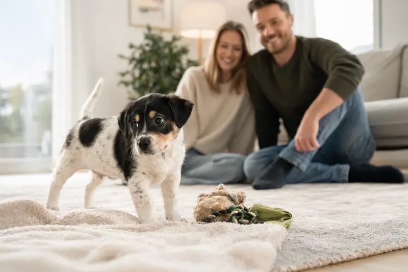 Ein junger Dansk-Svensk Gardshund Welpe erkundet neugierig sein neues Zuhause mit einer weichen Decke und Spielzeug, während eine liebevolle Familie im Hintergrund zu sehen ist.