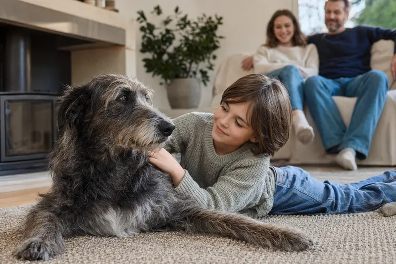 Ein entspannter Deerhound Hund liegt neben einem Kind im gemütlichen Wohnzimmer.