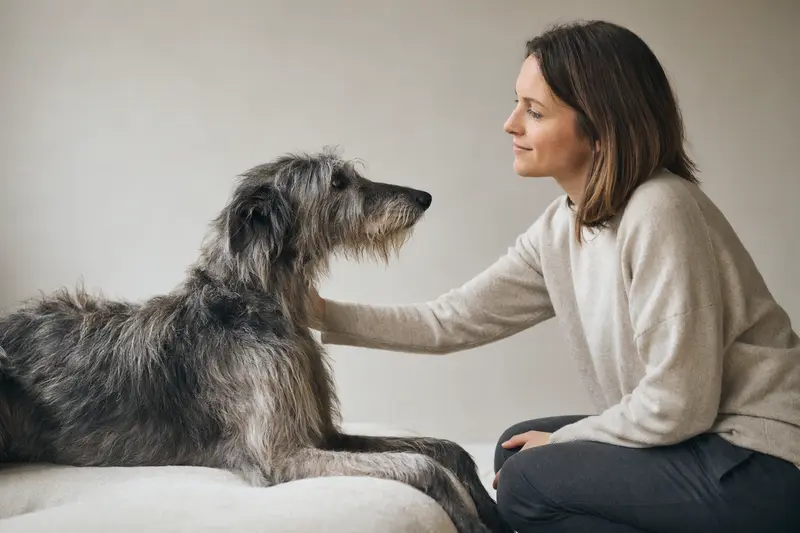 Ein aufmerksamer Deerhound steht in natürlicher Haltung vor hellem Hintergrund und zeigt die typische Körperform und Fellstruktur der Rasse.