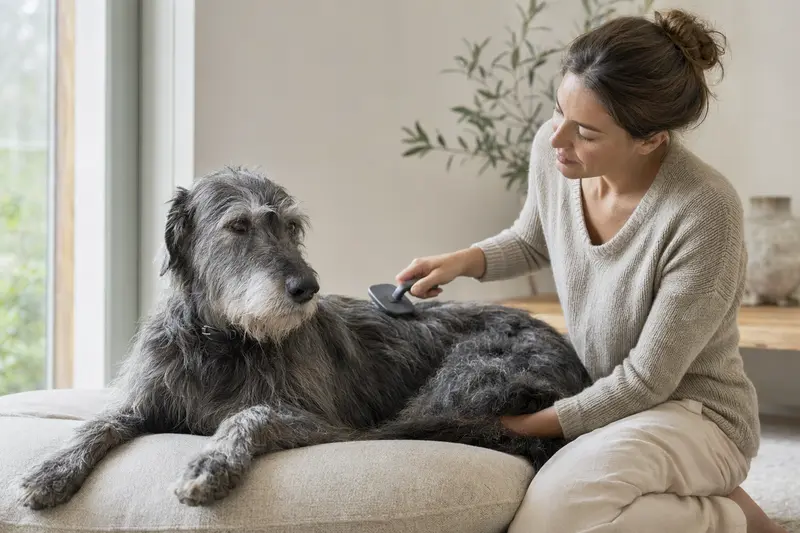 Ein Deerhound wird in einer hellen Wohnung sanft gebürstet, während sein Besitzer liebevoll die Fellpflege übernimmt.