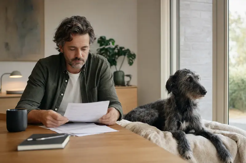 Ein Hundebesitzer sitzt ruhig am Tisch neben einer Tierarztrechnung, während ein Deerhound entspannt auf einer Decke liegt.