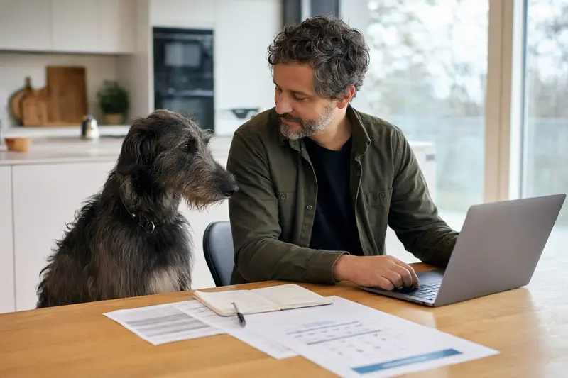 Ein Deerhound Hund sitzt gelassen neben seinem Besitzer am Küchentisch, auf dem Versicherungsunterlagen und ein Laptop mit Vergleichsseite liegen.