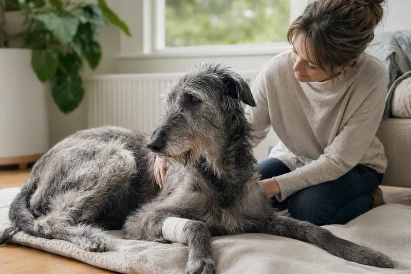 Ein Deerhound Hund mit leichtem Verband an der Pfote liegt gemütlich auf einer Decke, während sein Besitzer erleichtert daneben sitzt.