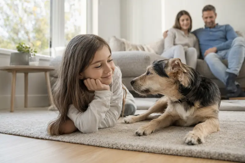 Ein entspannter Designerhund liegt neben einem Kind in einem hellen Wohnzimmer.