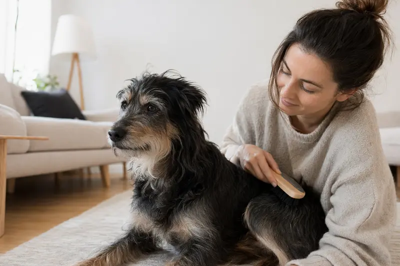 Ein Designerhund wird zuhause von seiner Besitzerin sanft gebürstet, als Ausdruck liebevoller Fellpflege und verantwortungsvoller Hundegesundheit.