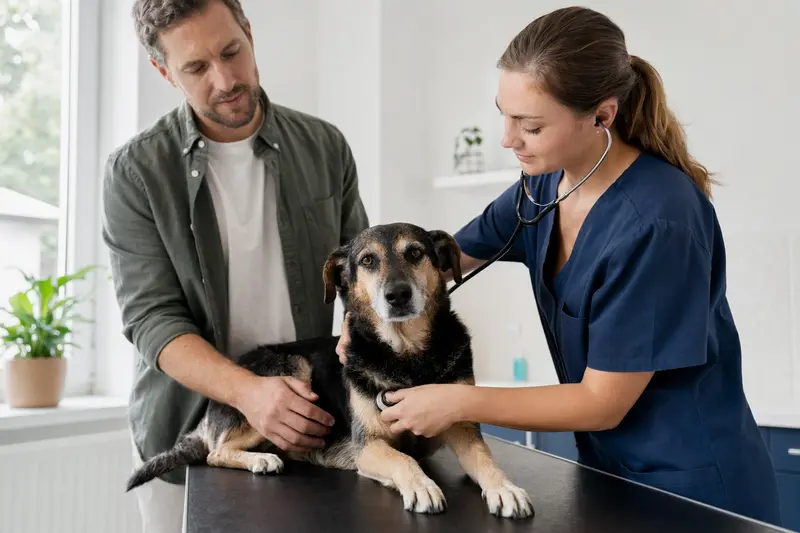 Ein ruhiger Designerhund wird von einer freundlichen Tierärztin bei der Untersuchung mit einem Stethoskop in einer modernen Tierarztpraxis behutsam betreut.