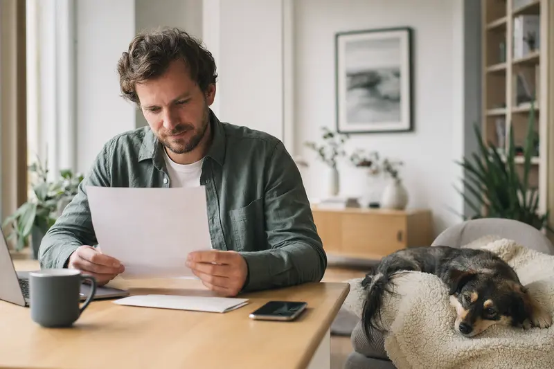 Ein Hundehalter sitzt mit einer Tierarztrechnung am Tisch, während ein entspannter Designerhund auf einer Decke liegt und eine ruhige Haustierkrankenversicherung-Situation vermittelt.