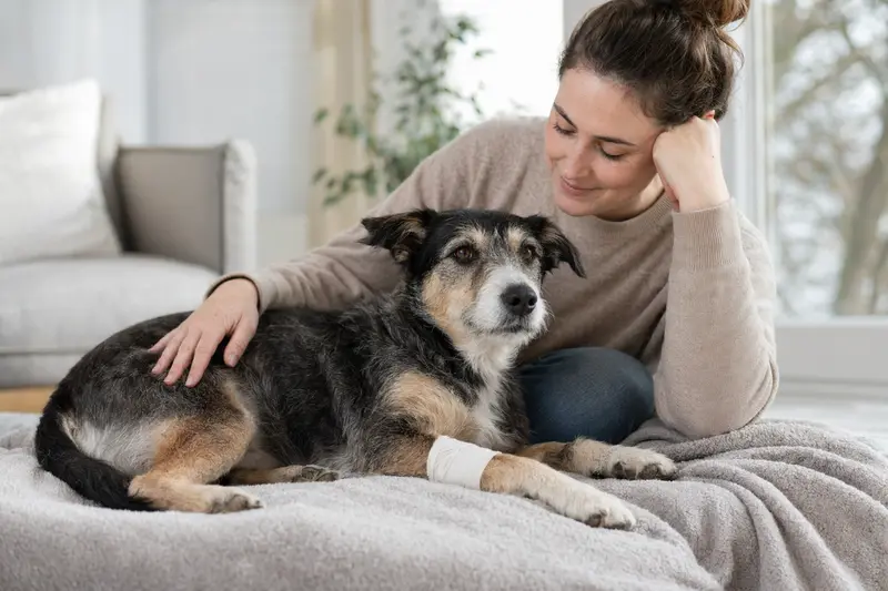 Ein Designerhund mit leichtem Verband an der Pfote liegt entspannt auf einer Decke, während sein erleichterter Besitzer neben ihm sitzt.