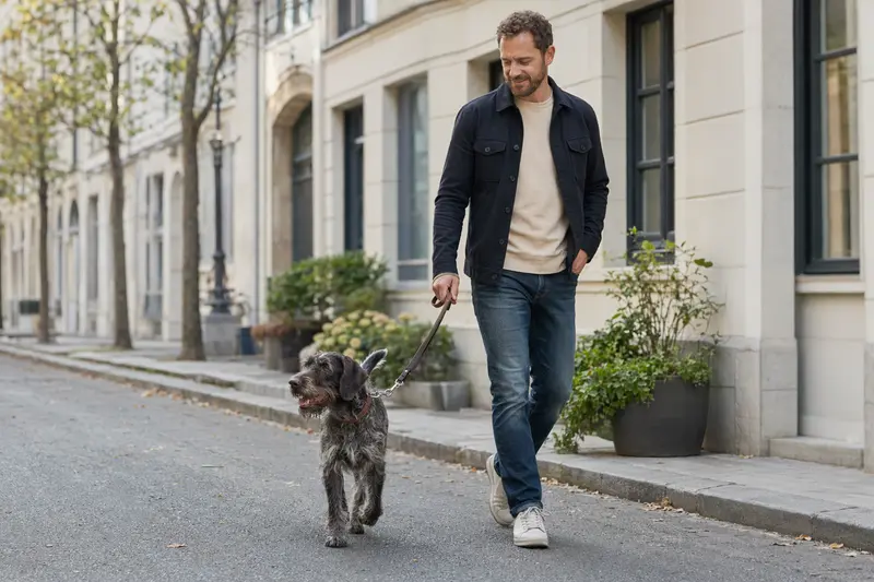 Ein Deutsch Drahthaar läuft entspannt an der Leine mit seinem Besitzer durch eine moderne Stadtstraße.