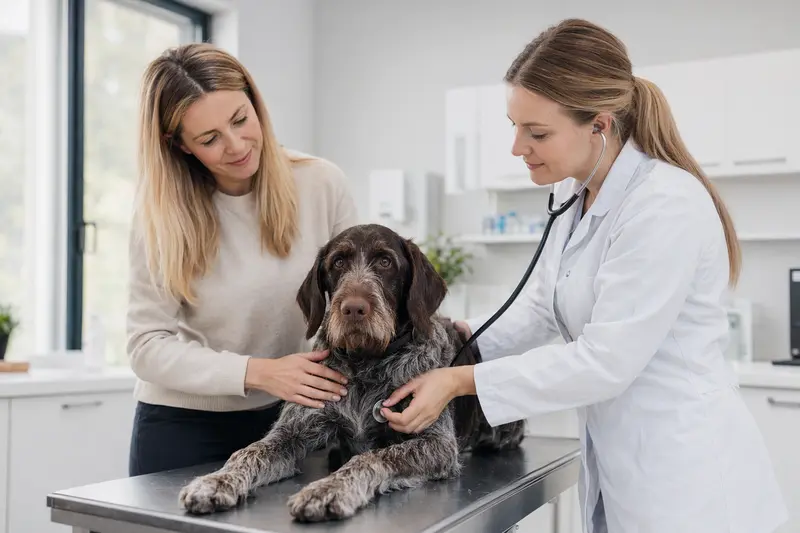 Ein ruhiger Deutsch Drahthaar Hund wird von einer freundlichen Tierärztin mit einem Stethoskop in einer modernen Tierarztpraxis untersucht.