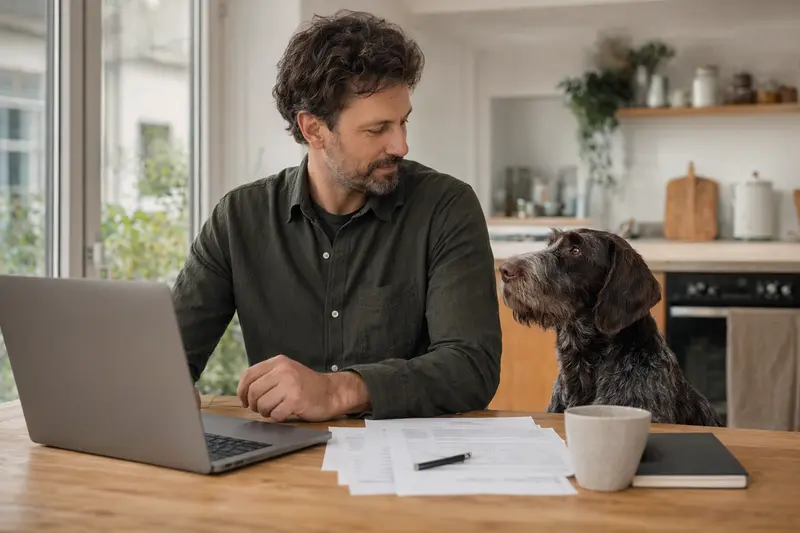 Ein ruhiger Deutsch Drahthaar Hund sitzt neben seinem Besitzer am Küchentisch mit Versicherungsunterlagen und einem Laptop.