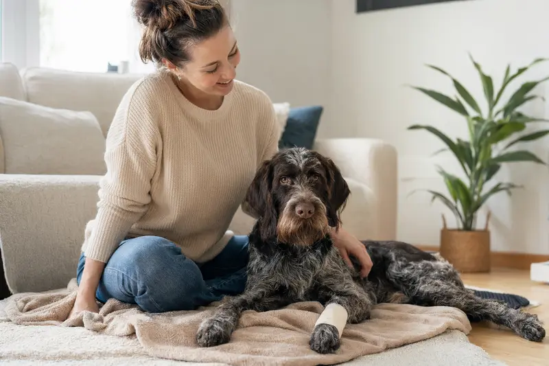 Ein Deutsch Drahthaar Hund mit einem leichten Verband an der Pfote liegt entspannt neben einem erleichterten Besitzer in einer hellen Wohnung.