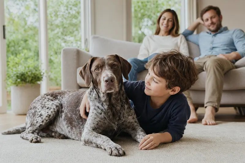 Ein freundlicher Deutsch-Kurzhaar Hund liegt entspannt neben einem Kind im warmen Wohnzimmer.